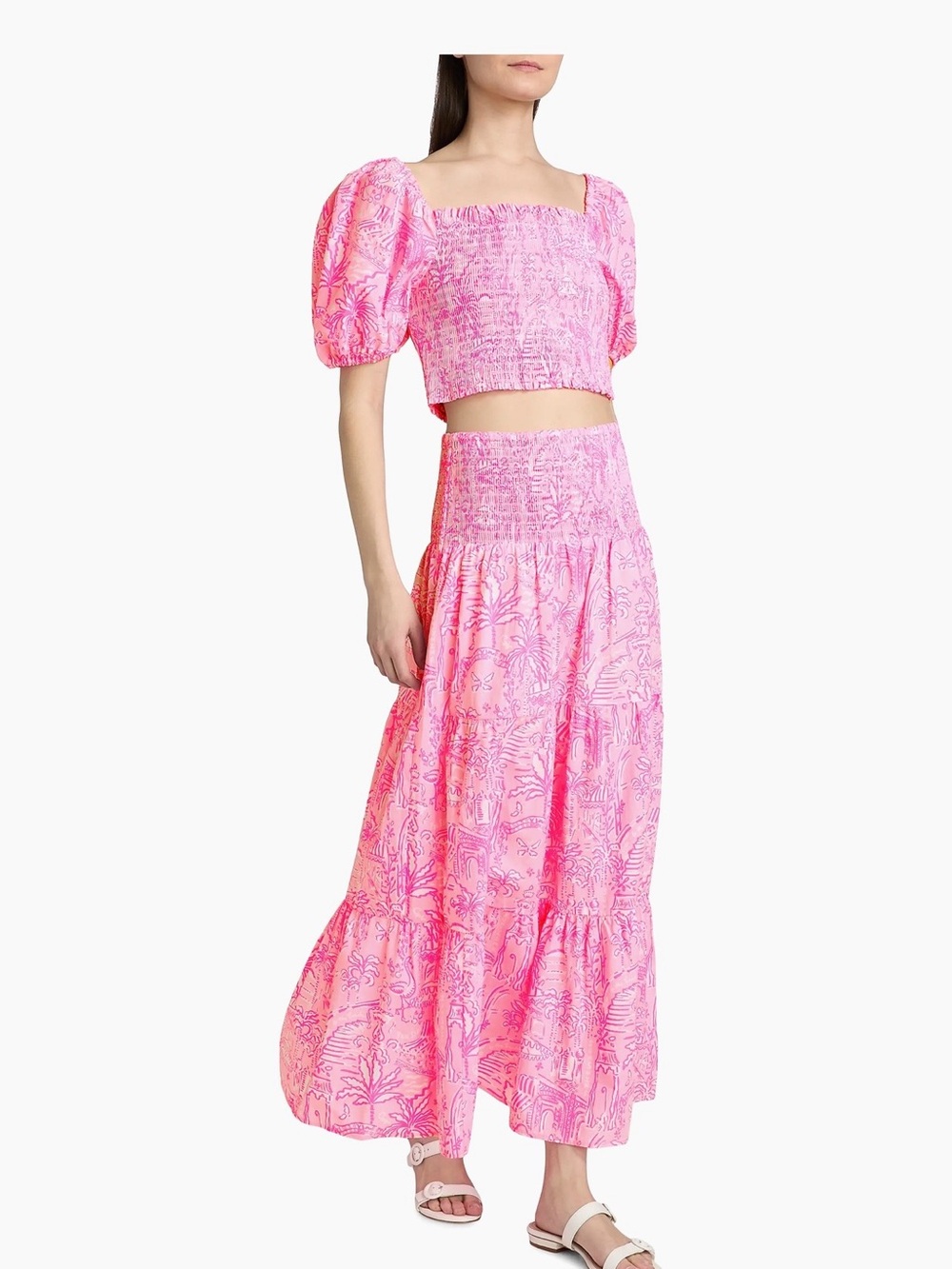 Lilly Pulitzer Pink Smocked Puff-Sleeve Crop Top & Maxi Skirt Set. - Picture 3 of 5